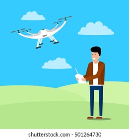Outdoor manipulation with drone vector illustration. Hi-tech and innovations topic.