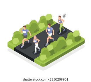 Outdoor marathon competition isometric composition with group of runners in sport uniform with numbers on t shirt isolated vector illustration