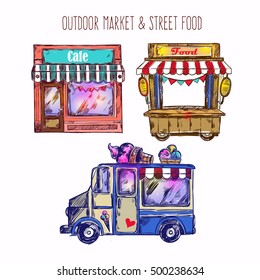 Outdoor market sketch icon set with ice cream van caf an food truck vector illustration