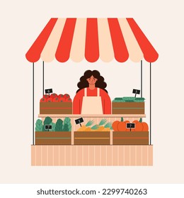 Outdoor market stall vector flat illustration. Woman selling vegetables at stall counter. A counter with products on the market. 