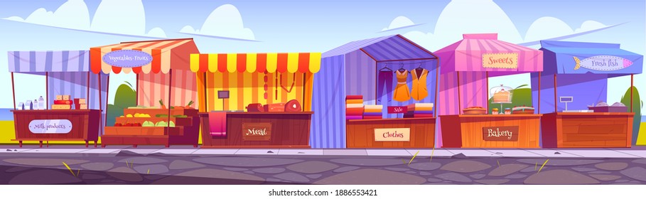 Outdoor Market Stalls, Fair Booths, Wooden Kiosks With Striped Awning, Clothes And Food Products. Wood Vendor Counters With Sunshade For Street Trading, City Retail Places, Cartoon Vector Illustration