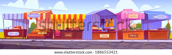 Outdoor market stalls, fair booths, wooden\
kiosks with striped awning, clothes and food products. Wood vendor\
counters with sunshade for street trading, city retail places,\
cartoon vector\
illustration