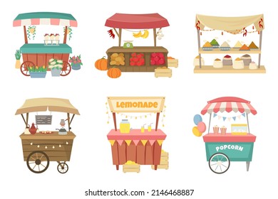 Outdoor market stalls. Grocery street fair, local flowers stall and coffee point vector illustration set of fair stall market, street shop