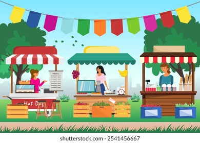 Barracas de mercado ao ar livre. Mercado local ou feira de rua. Ilustração vetorial.