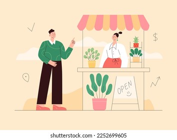 Outdoor market stalls, summer trade tents with seller. Local business shop. Customer buying something in outdoor kiosk. Flat vector illustration.