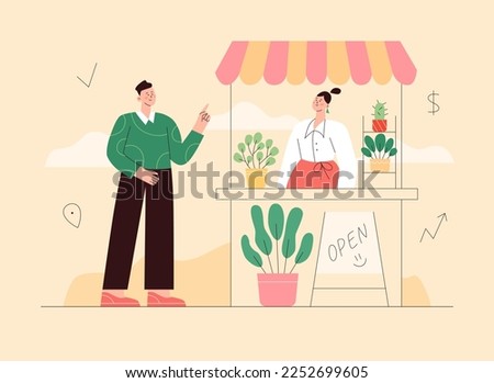 Outdoor market stalls, summer trade tents with seller. Local business shop. Customer buying something in outdoor kiosk. Flat vector illustration.