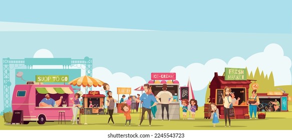 Outdoor market with stalls, vendors and clients at summer day. Fair booths, wooden kiosks with ecological products. Counters for street trading, city retail place, cartoon vector illustration
