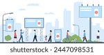 Outdoor marketing billboards scene. Urban street with different advertising placards. People look billboard, ad in city recent vector concept
