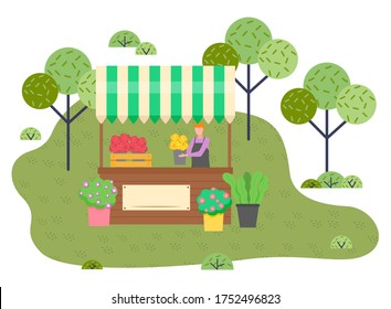 Outdoor marketplace. Man florist selling beautiful flowers, flower compositions, fresh blooming plants, houseplants in pots, bushes with flowers. Open street market in green park, selling flora