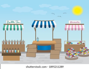 An outdoor marketplace setting in the summertime. Add your own illustrations to this colourful backdrop!