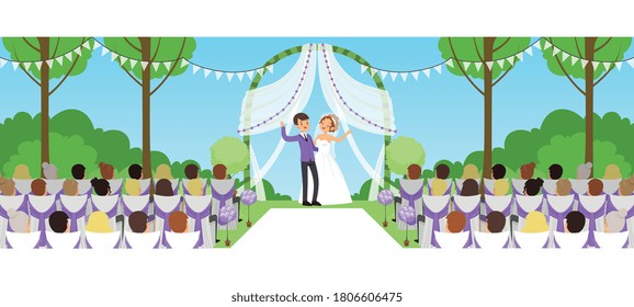 Outdoor Marriage Celebration in Park, Happy Newlyweds and their Guests Cartoon Style Vector Illustration