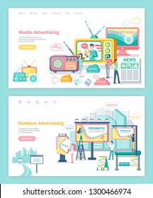 Outdoor and media advertising webpage or web site template vector. TV set and monitors, roadside or city banners, newspaper and radio landing page flat style