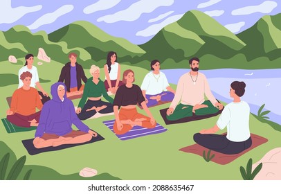 Outdoor Meditation. Group Of People Meditating In Nature. Breathing Yoga And Retreat Class. Men And Women Sitting In Lotus Postures During Vipassana Mindfulness Practice. Flat Vector Illustration