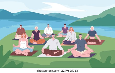 Meditación al aire libre sobre la naturaleza. Grupo de terapia mental de mujeres y hombres juntos. La gente mantiene la calma y la recuperación, el bienestar relaja la escena vectorial kicky