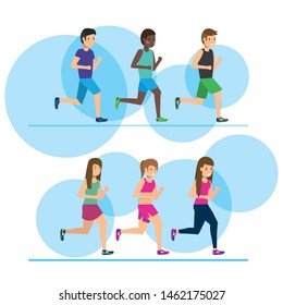 outdoor men and women running sport activity vector illustration