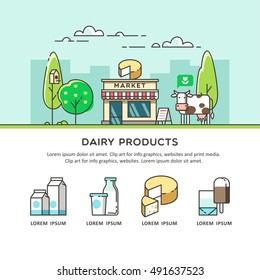 Outdoor milk store. Fresh natural dairy products. Vector illustration.