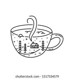 Outdoor Monoline Badge Design, Element Included : cup, house, tree.