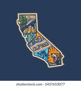 Outdoor monoline design, with california map. Tropical Stickers Callifornia, logo vector illustration. 