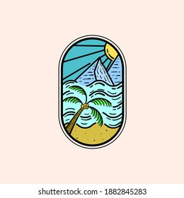 Diseño de la Ilustración del Vector con logotipo Monoline al aire libre. Diseño de la placa de ilustraciones de arte de la línea de paisaje de playa. Concepto del logotipo de la ilustración del paisaje de verano.