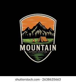 Outdoor mountain adventure logo badges with silhouette pine forest, sharp mountain peaks, and a tent in the foreground