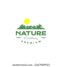 outdoor mountain hill peak green sunrise landscape vintage logo design vector icon illustration