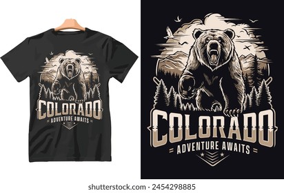 Outdoor Mountain Illustration with Colorado adventure awaits Vector Artwork for T-shirt Print And Other Uses.