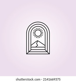 outdoor mountain line art badge logo vector illustration design