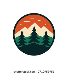 Emblema al aire libre del bosque del pino de la montaña, insignia retro de la aventura de la Naturaleza