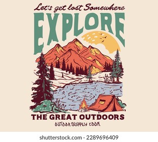 Outdoor at the mountain retro print design for t shirt and others. Camping beside of lake graphic artwork. Explore more print design.