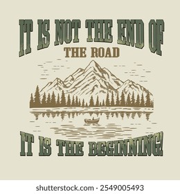 Outdoor at the mountain retro print design for t shirt and others. Camping beside of lake graphic artwork. Explore more print design.