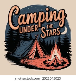 Outdoor mountain retro print t shirt design Camping Bornfire graphic illustration  camping