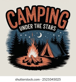 Outdoor mountain retro print t shirt design Camping Bornfire graphic illustration  camping