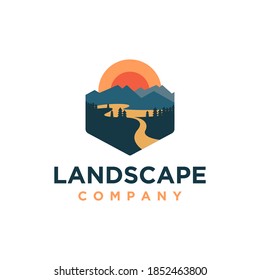 Outdoor mountain and river landscape adventure logo icon vector template on white background