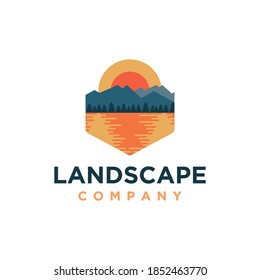 Outdoor mountain and sea lake landscape adventure logo icon vector template on white background