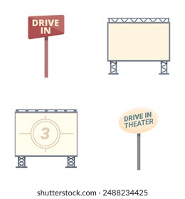 Outdoor movie icons set cartoon vector. Car cinema or drive movie in open air. Entertainment event