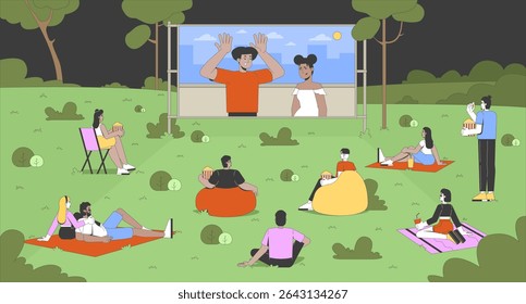 Outdoor movie night in park flat illustration. Open-air film festival. People watching cinema screen on picnic blankets with popcorn 2D characters cartoon background. Colorful scene vector art image