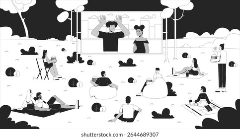 Outdoor movie night in park line illustration. Open-air film festival. People watching cinema screen on picnic blankets with popcorn 2D ink linear characters monochrome. Flat outline vector image