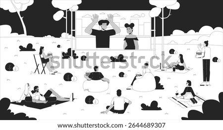 Outdoor movie night in park line illustration. Open-air film festival. People watching cinema screen on picnic blankets with popcorn 2D ink linear characters monochrome. Flat outline vector image