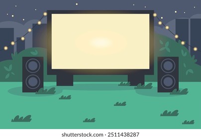 An outdoor movie night. Vector illustration of a movie showing with a projection screen, backlight and speakers in a public park, surrounded by grass and stars.