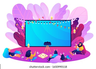 Outdoor Movie Theater. Bright Vibrant Violet. Movie Night With Friends. Watching Film On Big Screen With Sound System. Open Air Cinema, Backyard Theater Gear Concept. Vector Isolated Illustration