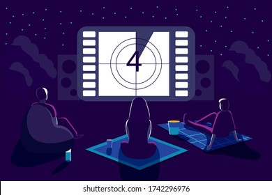 Outdoor movie theater night with friends. Watching film on big screen with sound system. Open air cinema backyard theater gear concept Vector illustration