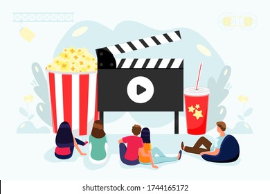 Outdoor Movie Theater Night With Friends. Watching Film On Big Screen With Sound System. Open Air Cinema Backyard Theater Gear Concept Vector Illustration