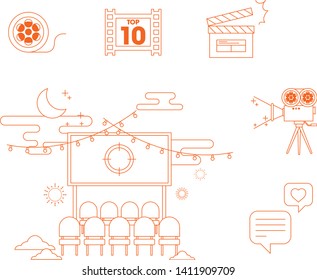 Outdoor Movie Theaters And Movie-related Illustration Icons