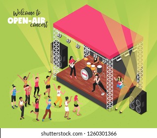 Outdoor Music Concert Isometric Vector Illustration With Rock Band On Stage And Viewers In Fan Zone