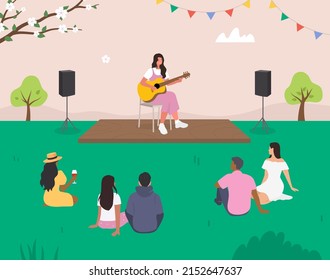 Outdoor Music Concert. Woman Playing Acoustic Guitar On The Stage. Summer Festival. Vector