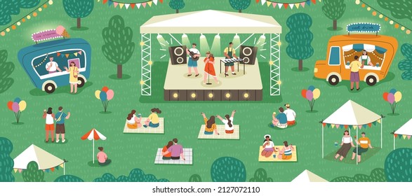 Outdoor music festival abstract concept. Young people sitting on grass in park, having picnic and listening to performance of their favorite band. Entertainment. Cartoon flat vector illustration - Shutterstock ID 2127072110