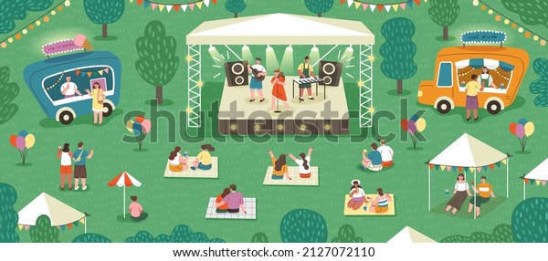 Outdoor music festival abstract concept.\
Young people sitting on grass in park, having picnic and listening\
to performance of their favorite band. Entertainment. Cartoon flat\
vector illustration