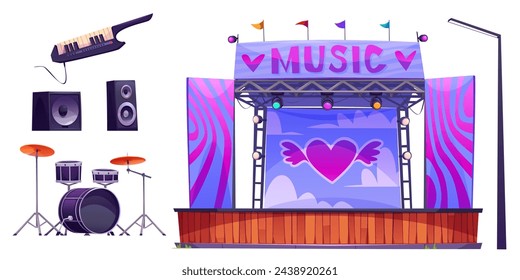 Outdoor music festival design elements set isolated on white background. Vector cartoon illustration of open air stage with heart sign on banner, drums, synthesizer, loudspeakers and street light