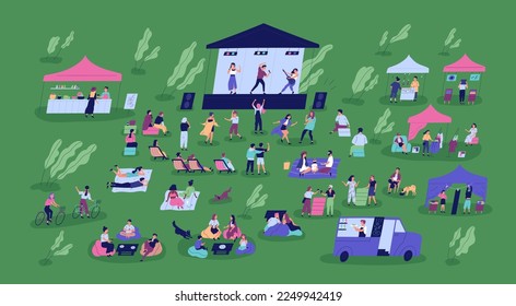 Outdoor music festival, open-air concert. Musicians, singers band on stage, people crowd relaxing at food courts, tents, trucks, grass in nature, park on summer holiday. Flat vector illustration - Shutterstock ID 2249942419