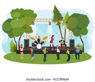  Outdoor Music Festival. People Dancing In The City Park At The Concert. Vector